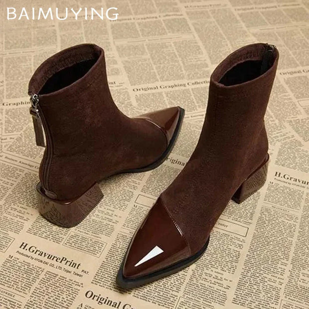 Ankle Boots Women Chunky Mid Heels Shoes Woman Pointed Toe 2024