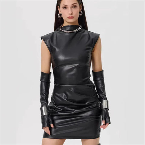 Gloves Summer Sleeveless Zipper Folds Slim Short Dress