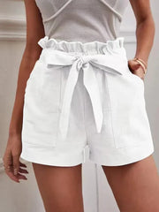 Stylish Solid Color White Women Pocket Drawstring Casual short Pants