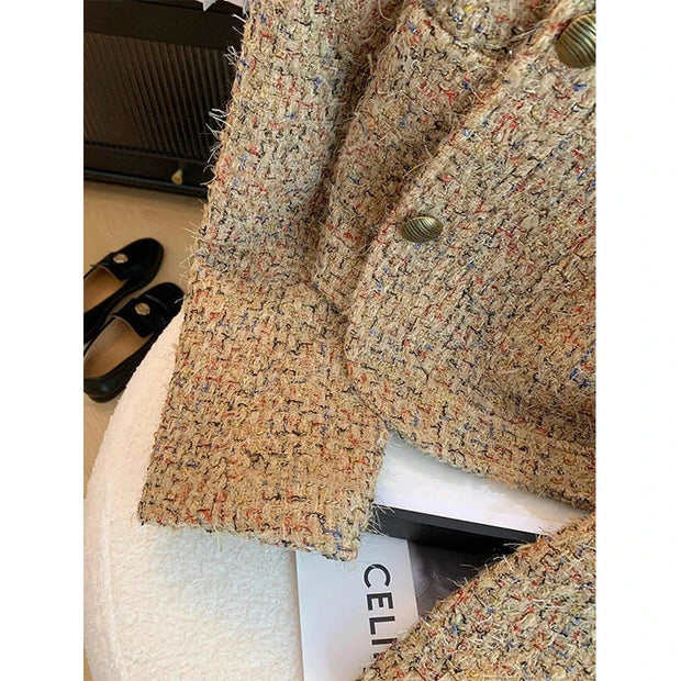 Vintage Tweed Jacket Women Elegant Cropped Coat Korean Long Sleeve