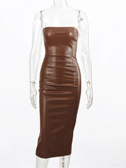 Leather Girdling Waist Slim Bodycon Long Dress Women Sleeveless