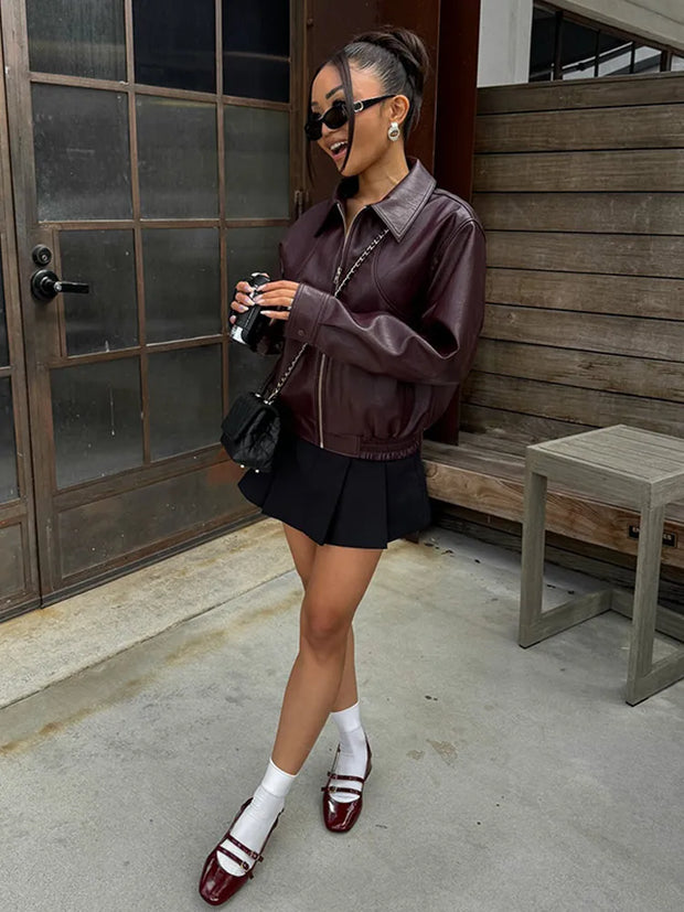 Vintage Solid Color Leather Jacket Casual Long Sleeved Elastic Short