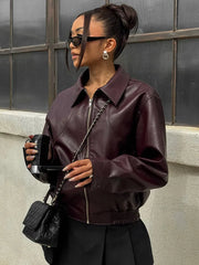 Vintage Solid Color Leather Jacket Casual Long Sleeved Elastic Short