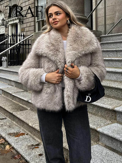 Women Fashion Cropped Faux Fur Long Sleeve Front Snap-button Outerwear