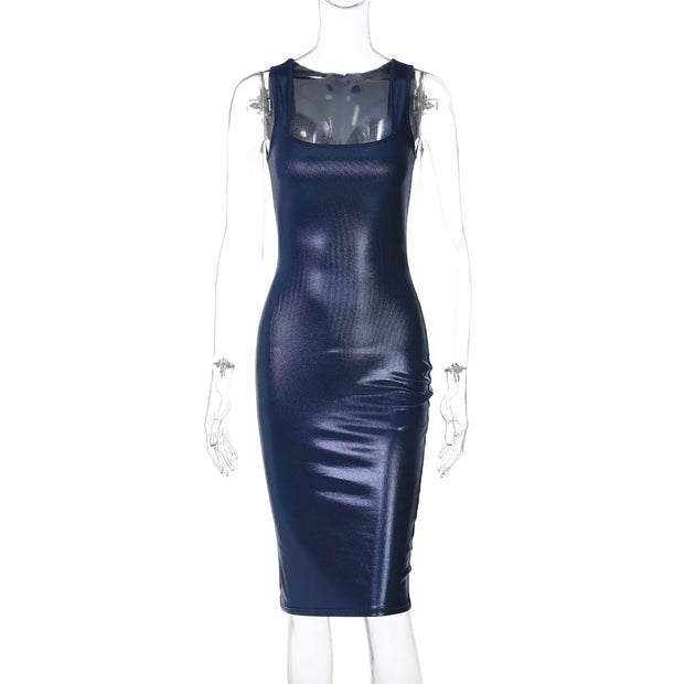 Lygens Pu Faux Leather Square Collar Sleeveless Bodycon Dress