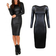 Women Bodycon Dress Sexy Long Sleeve Crew Neck Faux Leather Dress