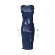 Lygens Pu Faux Leather Square Collar Sleeveless Bodycon Dress