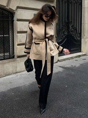 Spliced Contrast Woolen Coat Women Long Sleeve Thicken Jacket