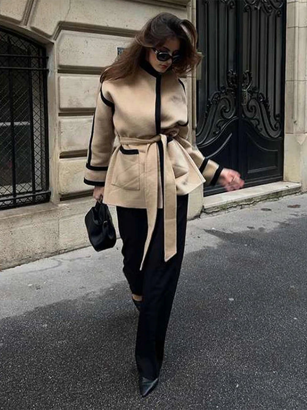 Spliced Contrast Woolen Coat Women Long Sleeve Thicken Jacket