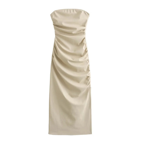 Black Beige White Strapless Faux Leather Womens Dresses 2023