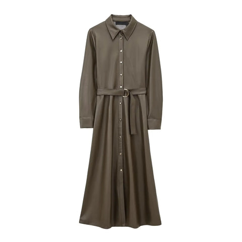 Faux Leather Shirt Style Female Belted Lapel Long Sleeve Dress