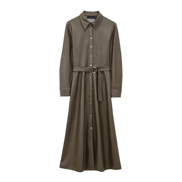 Faux Leather Shirt Style Female Belted Lapel Long Sleeve Dress