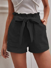 Stylish Solid Color White Women Pocket Drawstring Casual short Pants