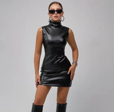 Women Faux Leather Bodycon Dress Sexy Sleeveless Mock Neck Slim