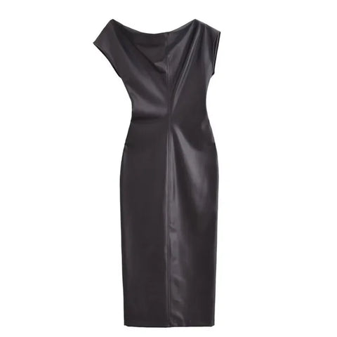 Black Faux Leather Asymmetrical Dress Women Sexy Casual Dresses