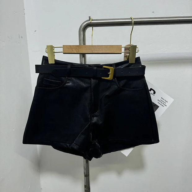 PU Female Leather Shorts Solid Color High Waist Metal Belt Short Pants